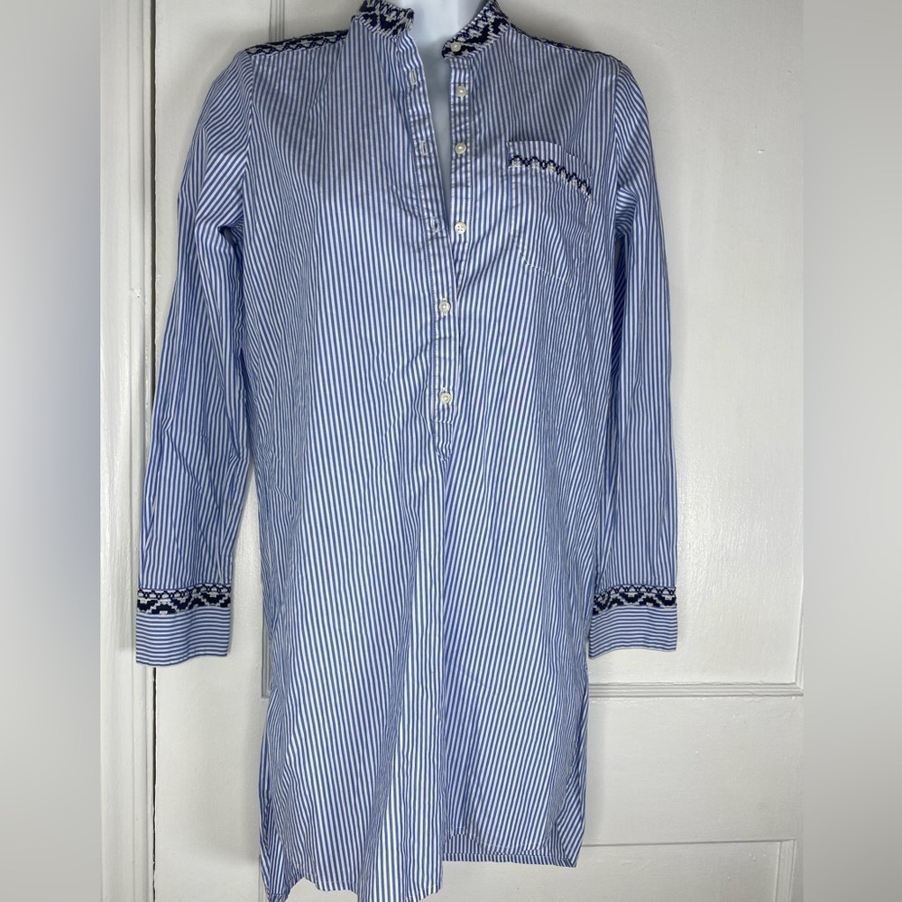 J. Crew Crewplaid Popover Blue and White Striped Button Down Tunic Shirt